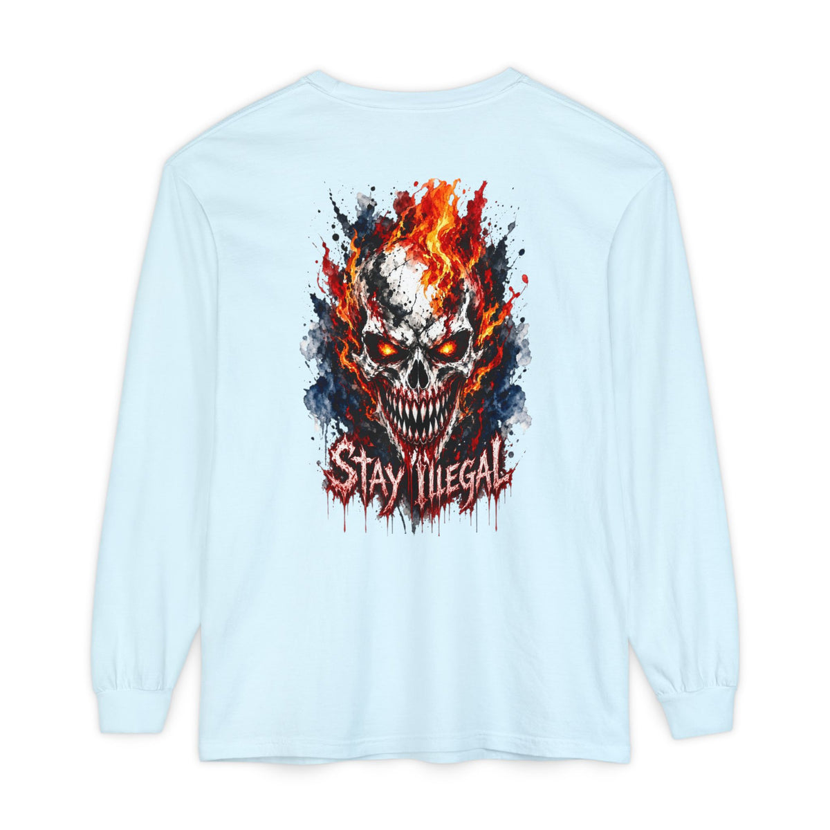 Back Print Long Sleeve T‑Shirt — Stay Illegal Skull/E