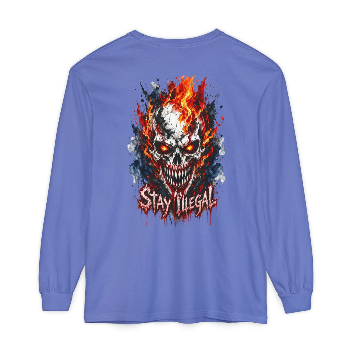 Back Print Long Sleeve T‑Shirt — Stay Illegal Skull/E