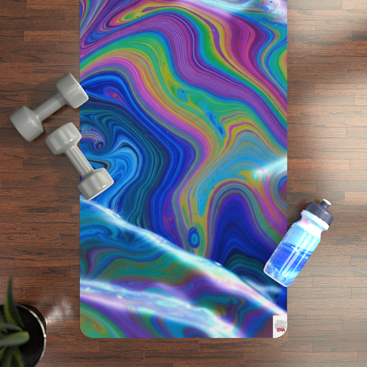 Illegal Shimmer Yoga Mat — Non-Slip Vibrant Blue & Rainbow Design