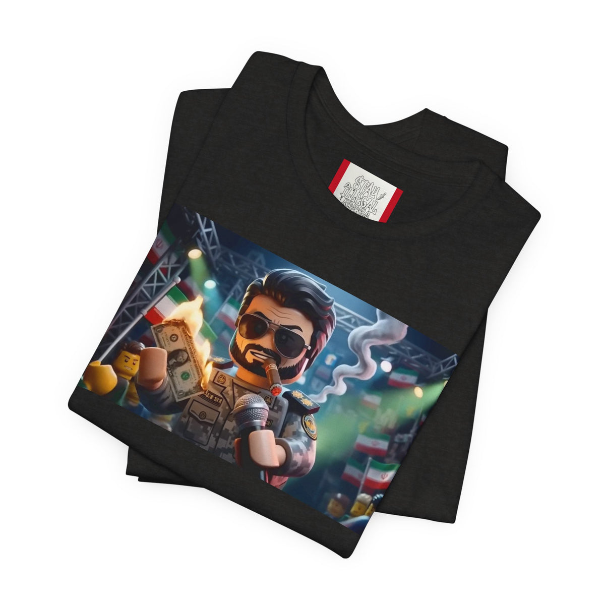 Propaganda T‑Shirt — IRAN LEGOS — IRGC Burn The Dollars