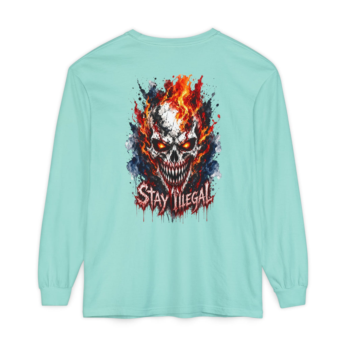 Back Print Long Sleeve T‑Shirt — Stay Illegal Skull/E