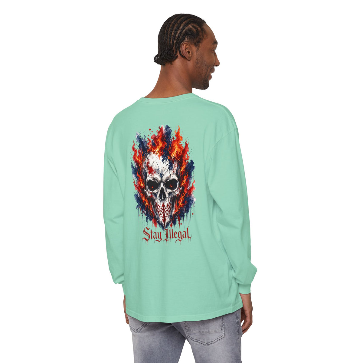 Back Print Long Sleeve T‑Shirt — Stay Illegal Skull/A