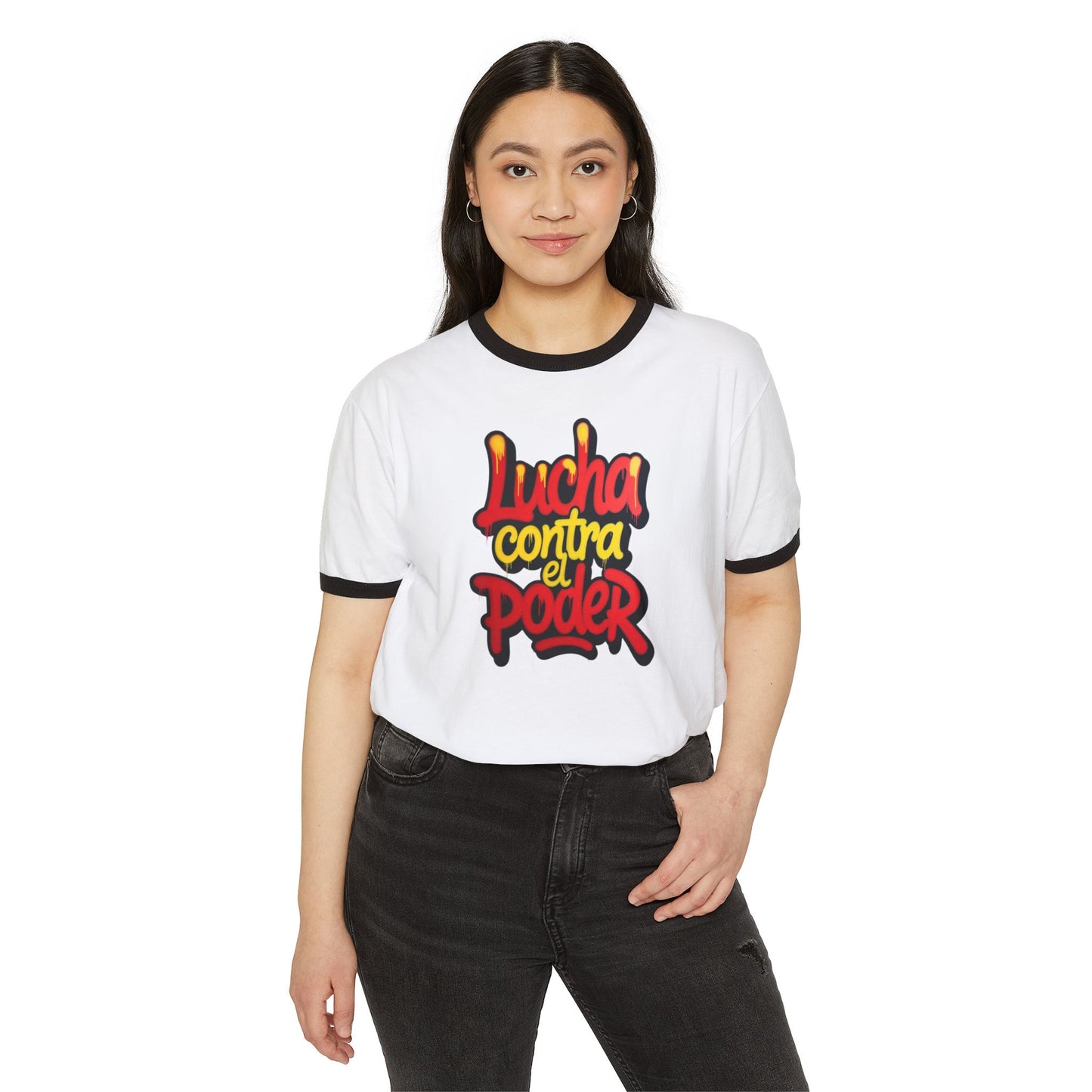 Stay Illegal Ringer T-Shirt — Lucha Contra el Poder/Spanish Protest Tee
