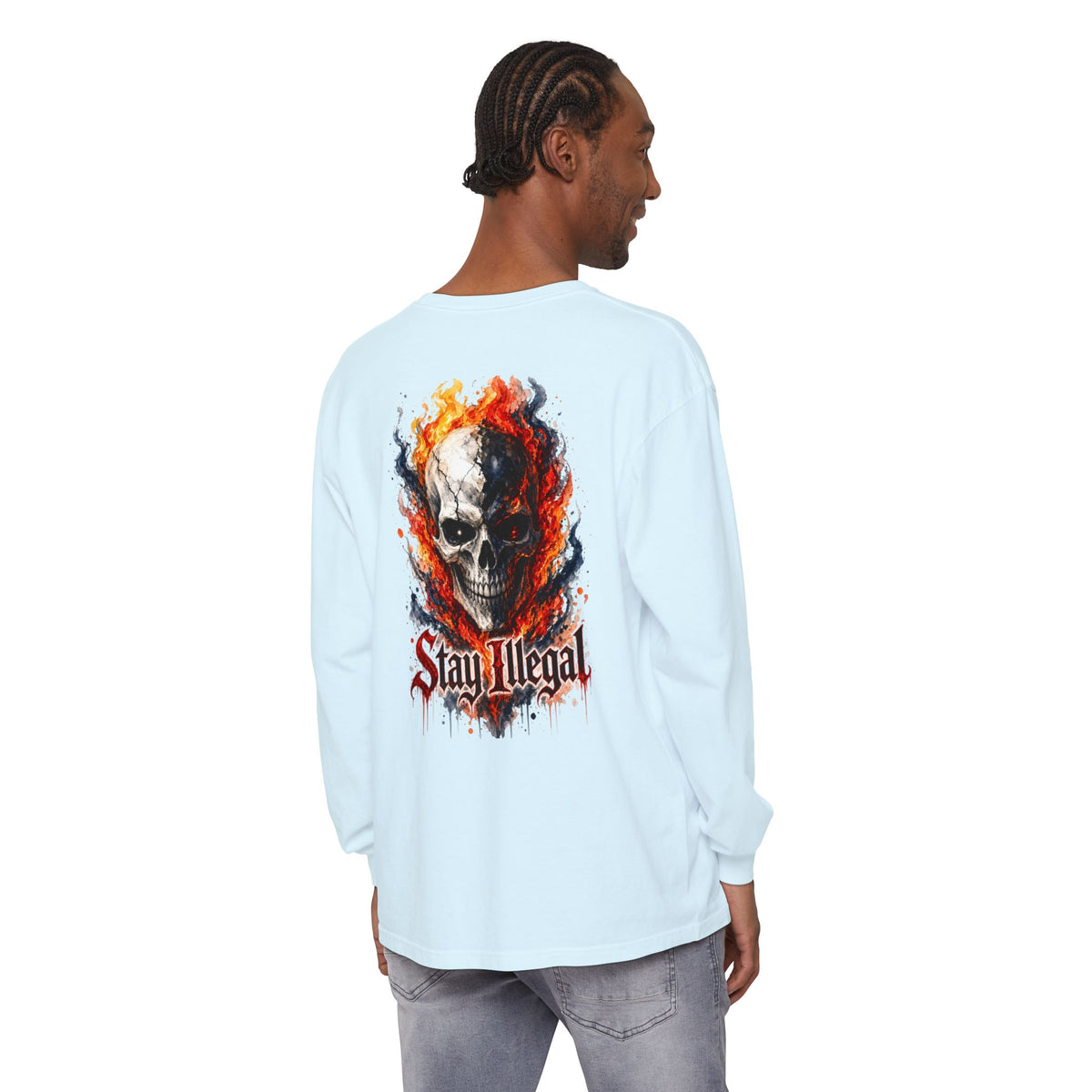 Back Print Long Sleeve T‑Shirt — Stay Illegal Skull/B