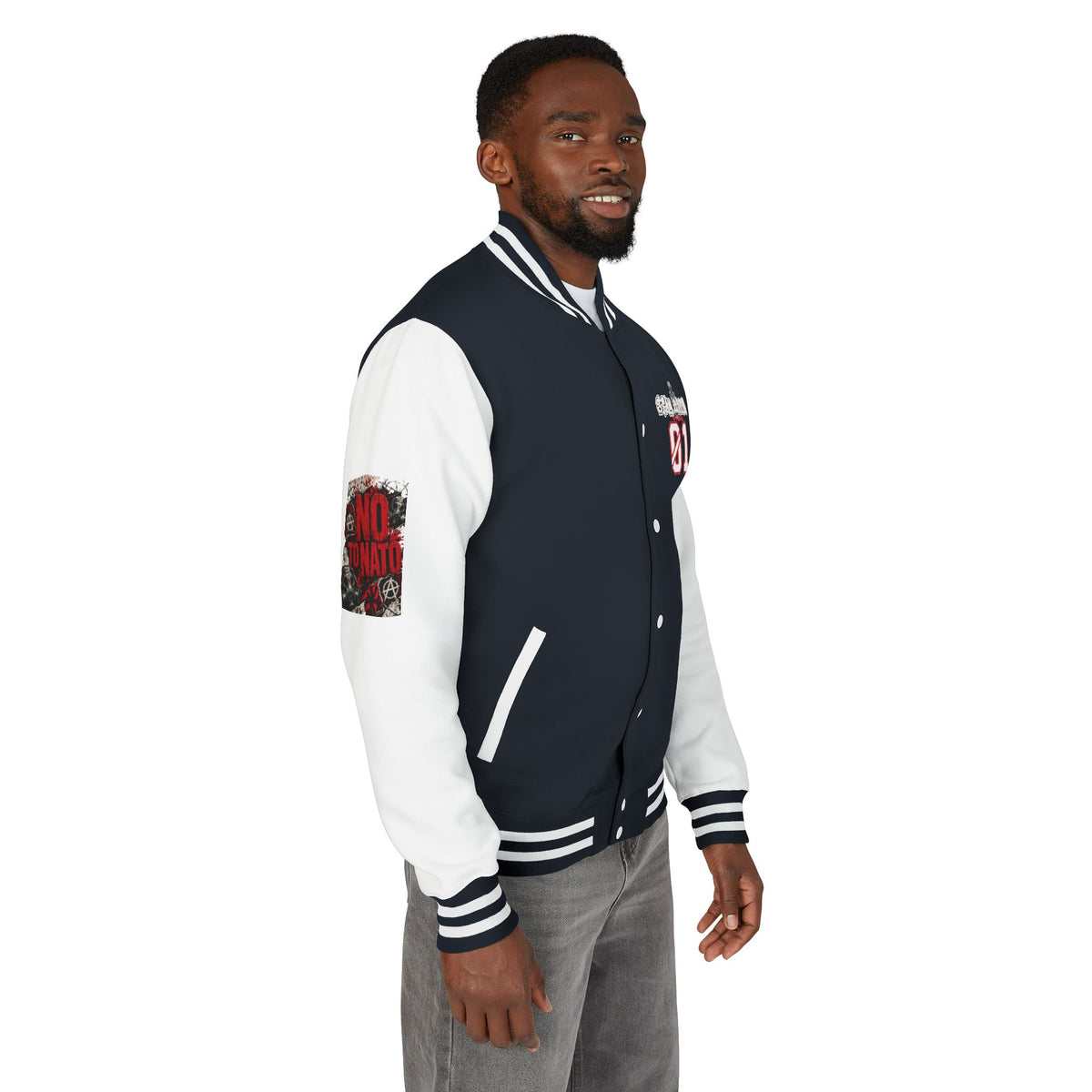 Stay Illegal Varsity Bomber Jacket - Calm Like a Bomb 01 (No To NATO Graphic)