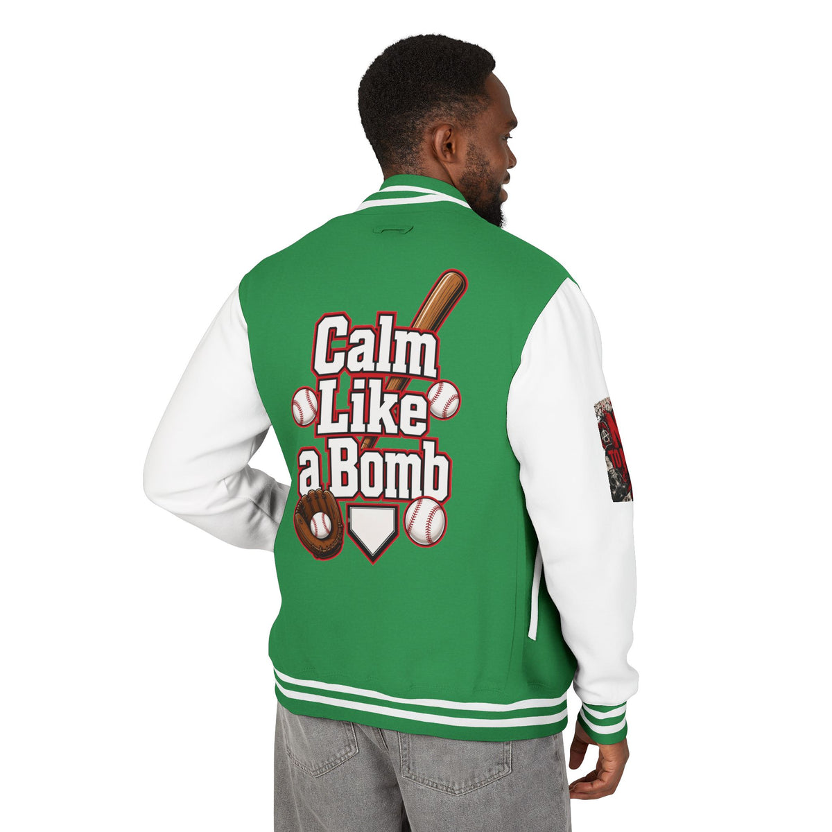 Stay Illegal Varsity Bomber Jacket - Calm Like a Bomb 01 (No To NATO Graphic)