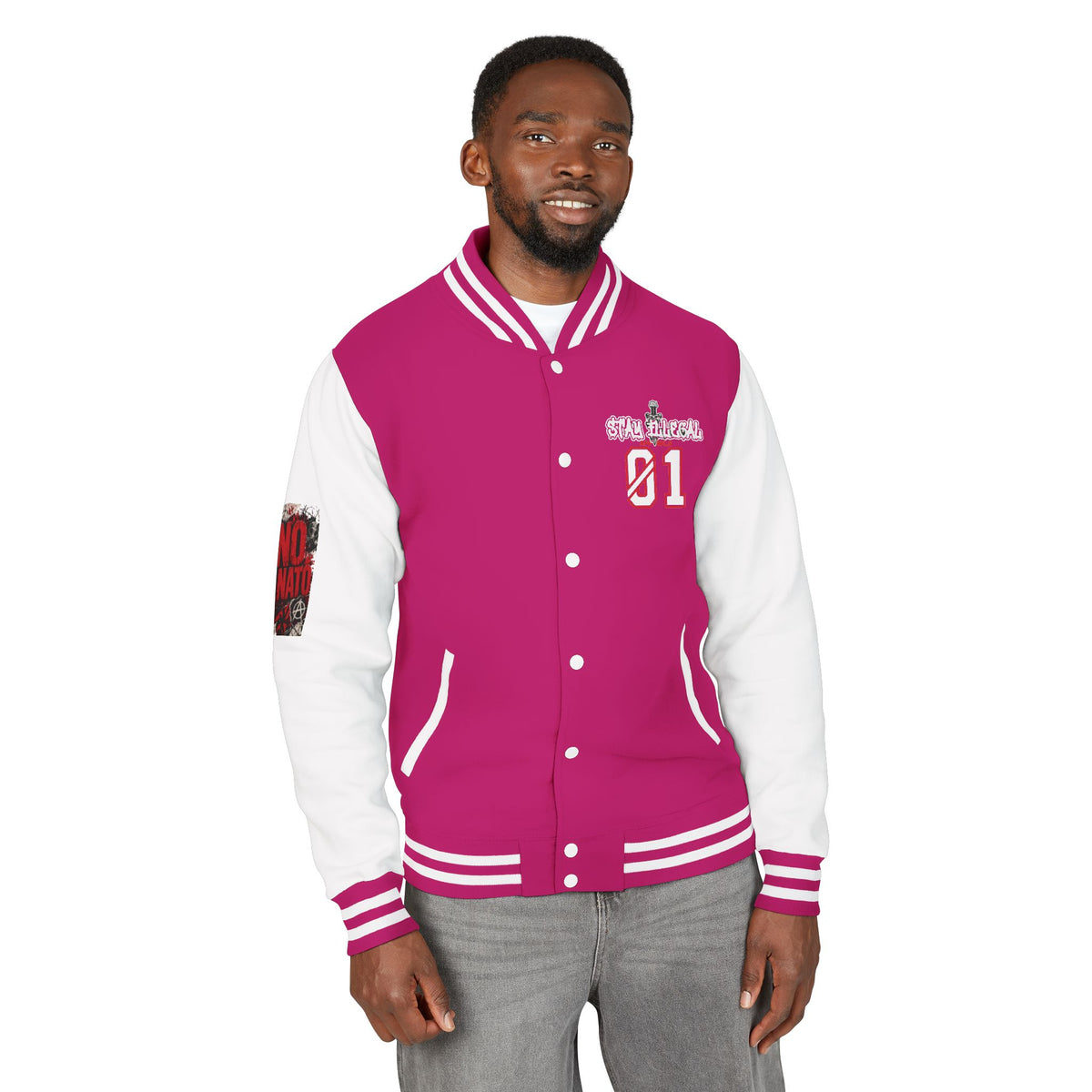 Stay Illegal Varsity Bomber Jacket - Calm Like a Bomb 01 (No To NATO Graphic)