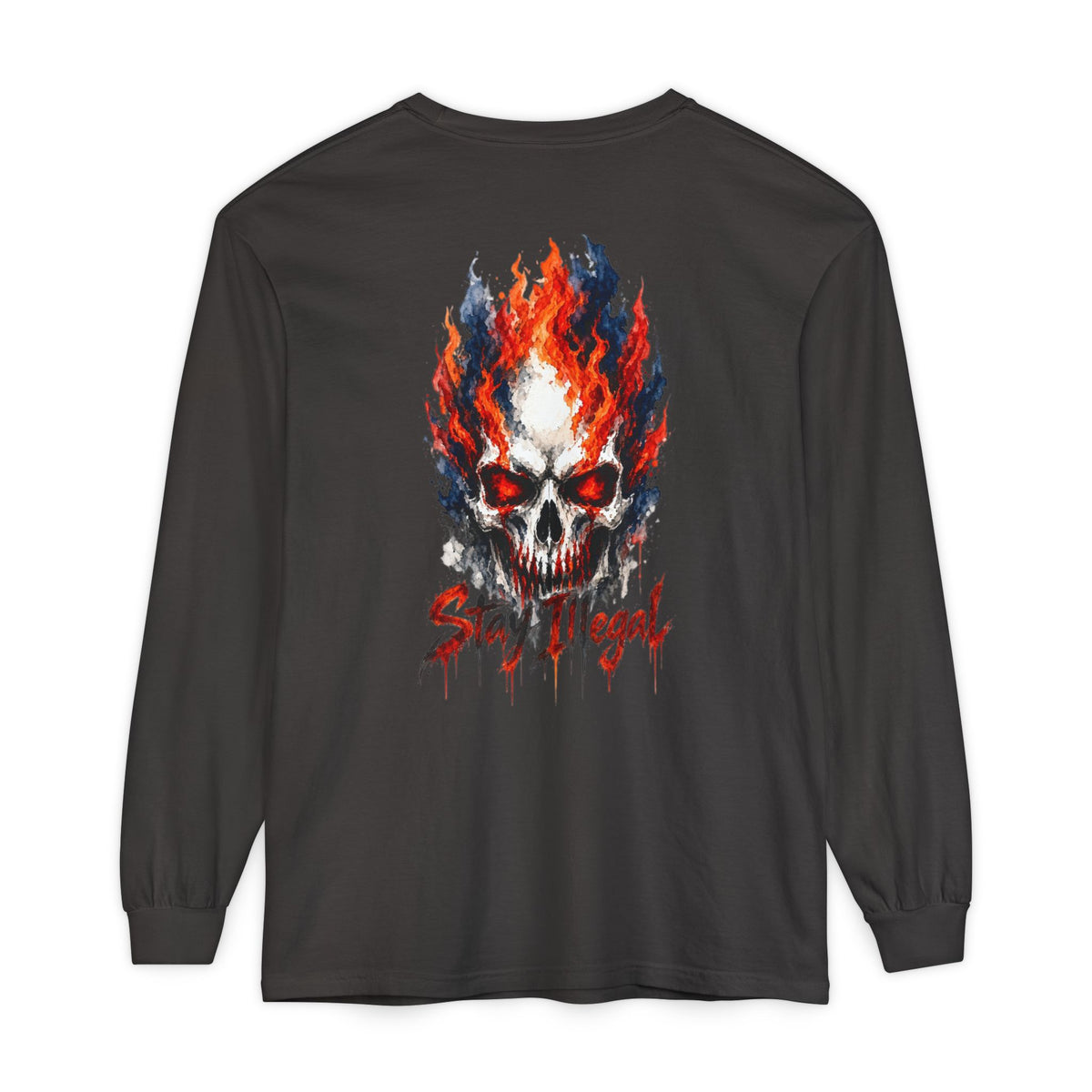 Back Print Long Sleeve T‑Shirt — Stay Illegal Skull/D