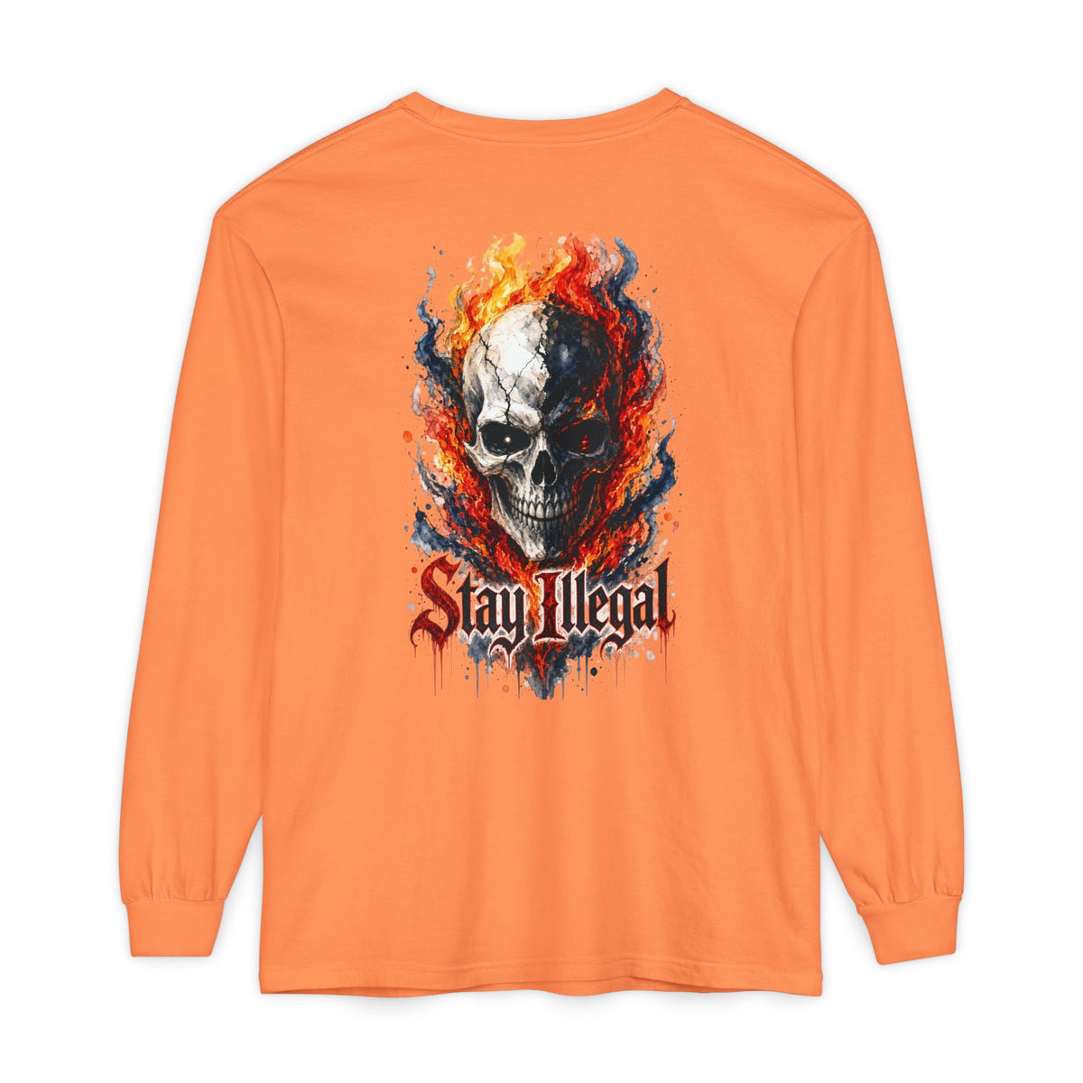 Back Print Long Sleeve T‑Shirt — Stay Illegal Skull/B