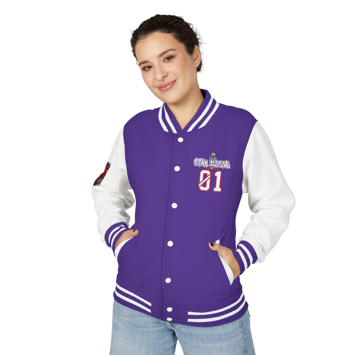 Stay Illegal Varsity Bomber Jacket - Calm Like a Bomb 01 (No To NATO Graphic)