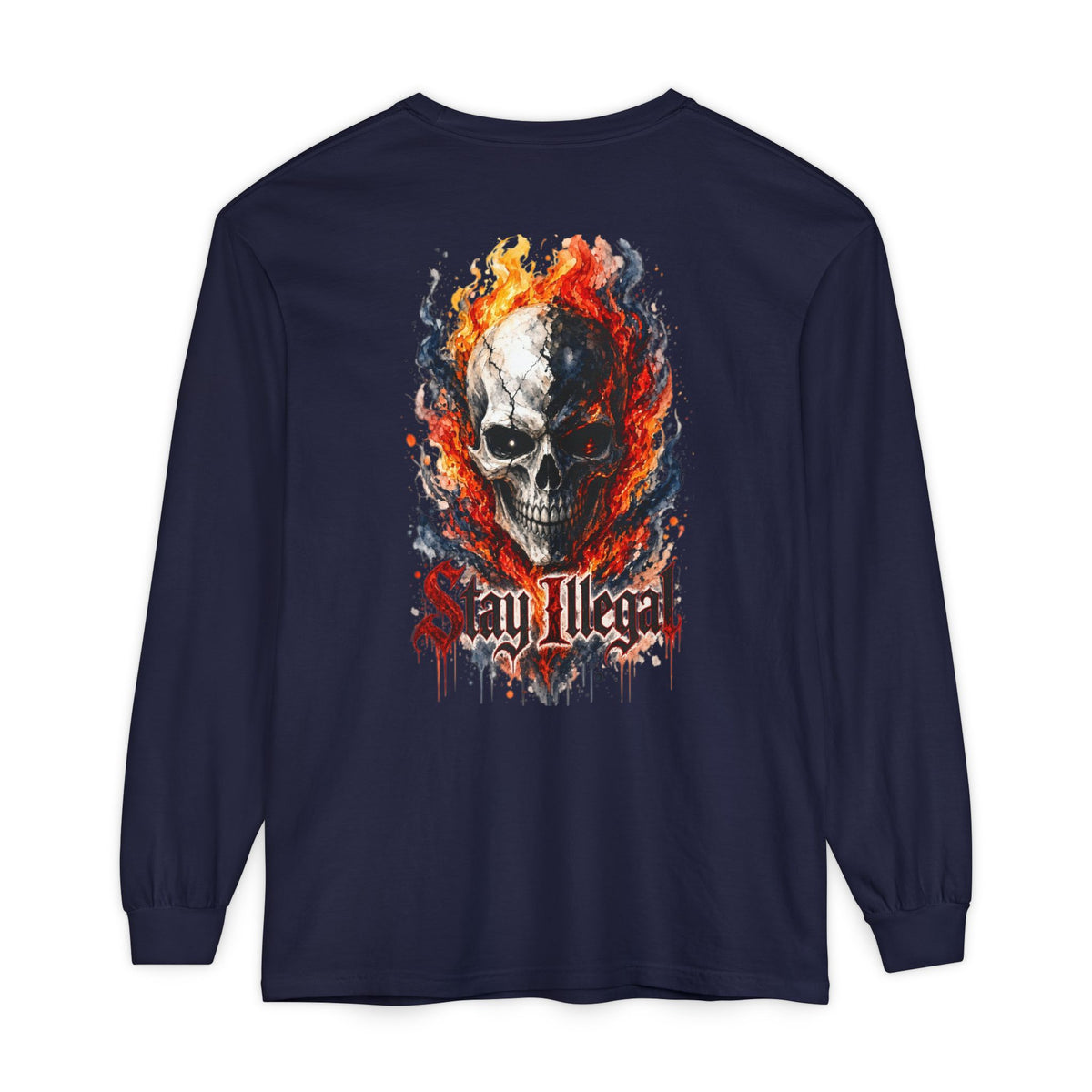 Back Print Long Sleeve T‑Shirt — Stay Illegal Skull/B