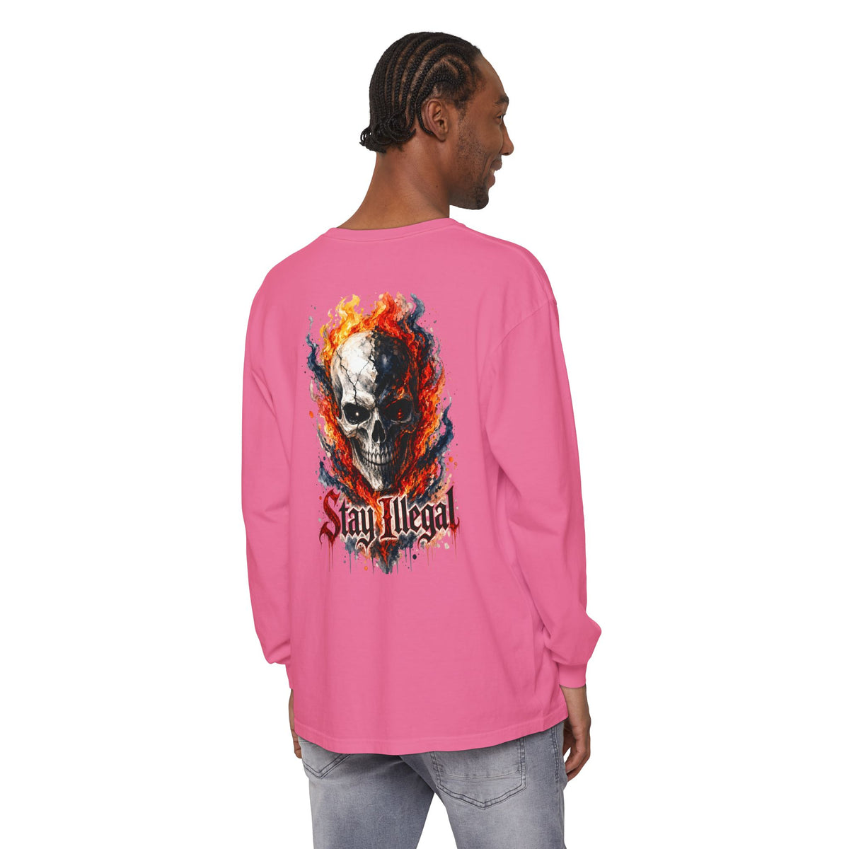 Back Print Long Sleeve T‑Shirt — Stay Illegal Skull/B