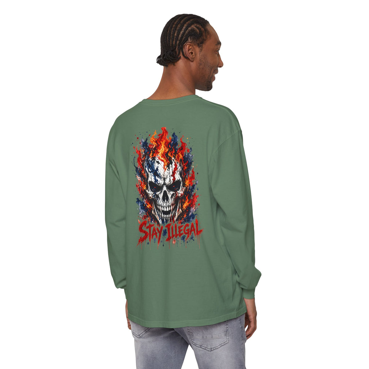 Back Print Long Sleeve T‑Shirt — Stay Illegal Skull/C
