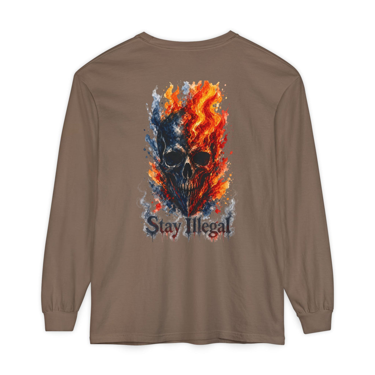 Back Print Long Sleeve T‑Shirt — Stay Illegal Skull/F