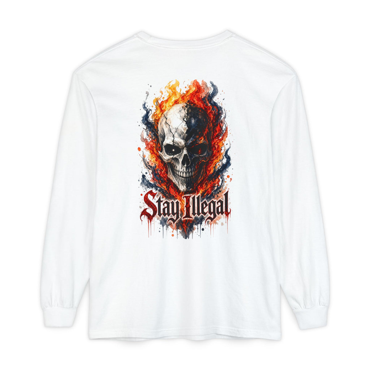 Back Print Long Sleeve T‑Shirt — Stay Illegal Skull/B