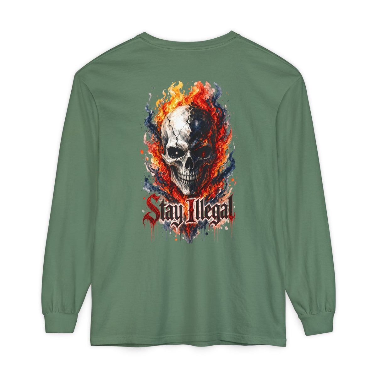 Back Print Long Sleeve T‑Shirt — Stay Illegal Skull/B