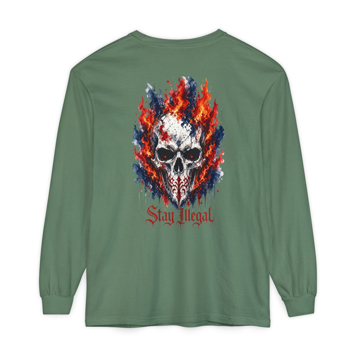 Back Print Long Sleeve T‑Shirt — Stay Illegal Skull/A