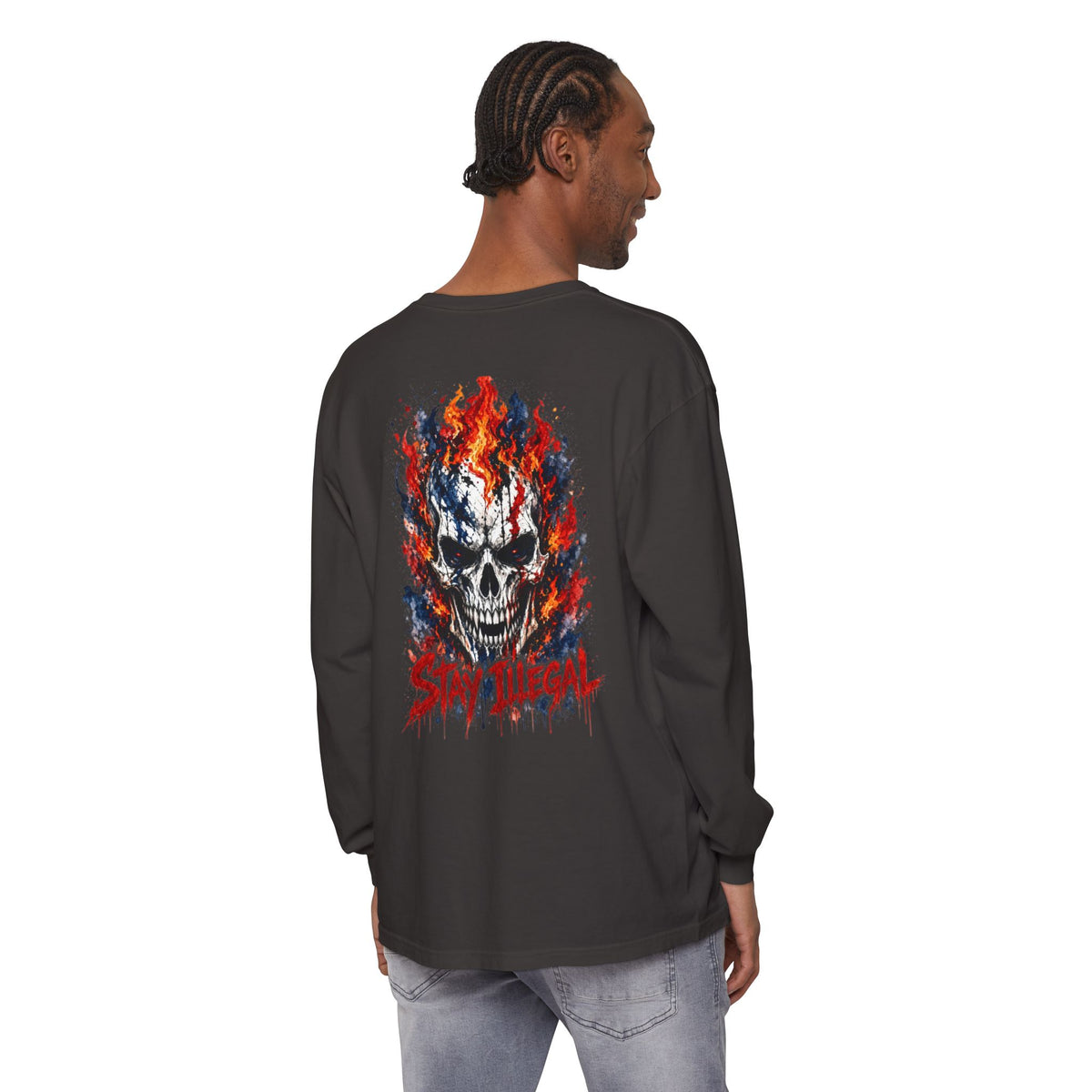 Back Print Long Sleeve T‑Shirt — Stay Illegal Skull/C