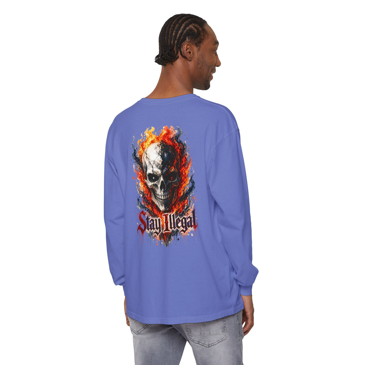 Back Print Long Sleeve T‑Shirt — Stay Illegal Skull/B