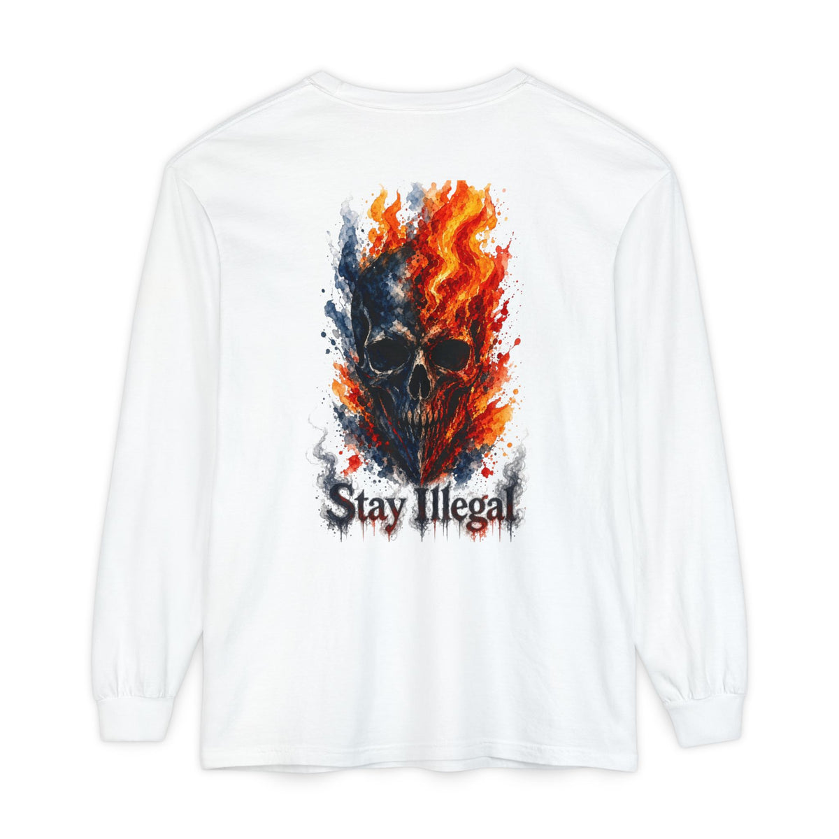 Back Print Long Sleeve T‑Shirt — Stay Illegal Skull/F