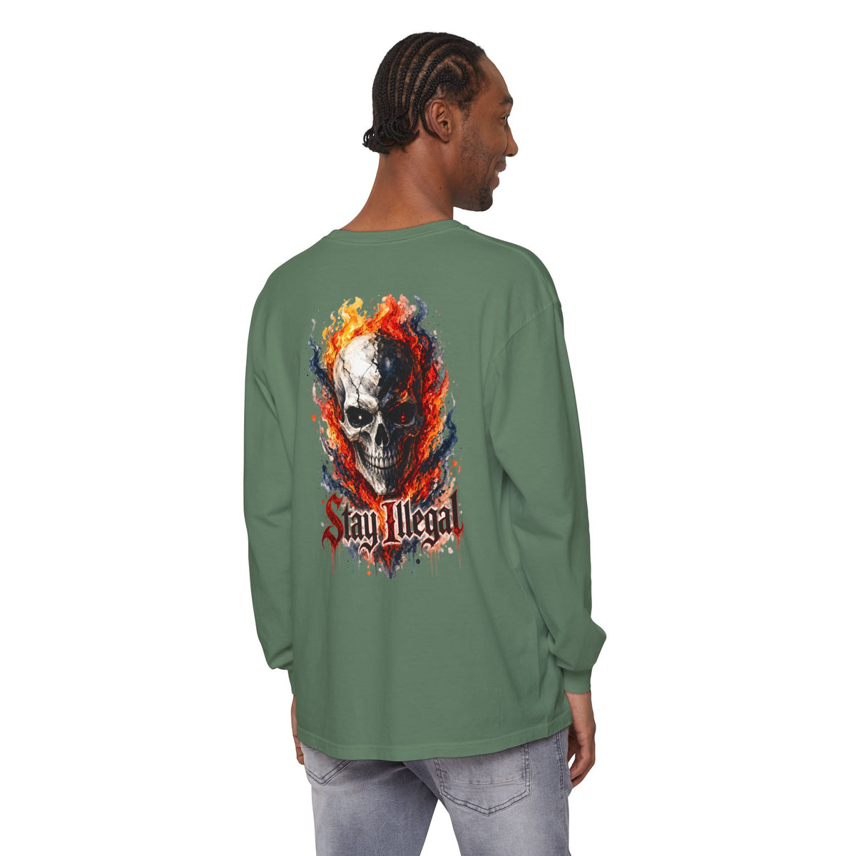 Back Print Long Sleeve T‑Shirt — Stay Illegal Skull/B