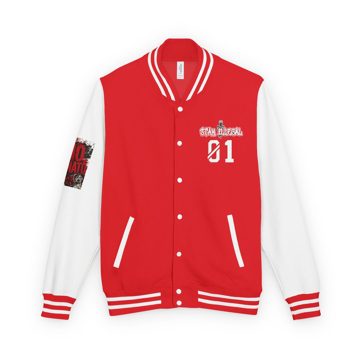 Stay Illegal Varsity Bomber Jacket - Calm Like a Bomb 01 (No To NATO Graphic)