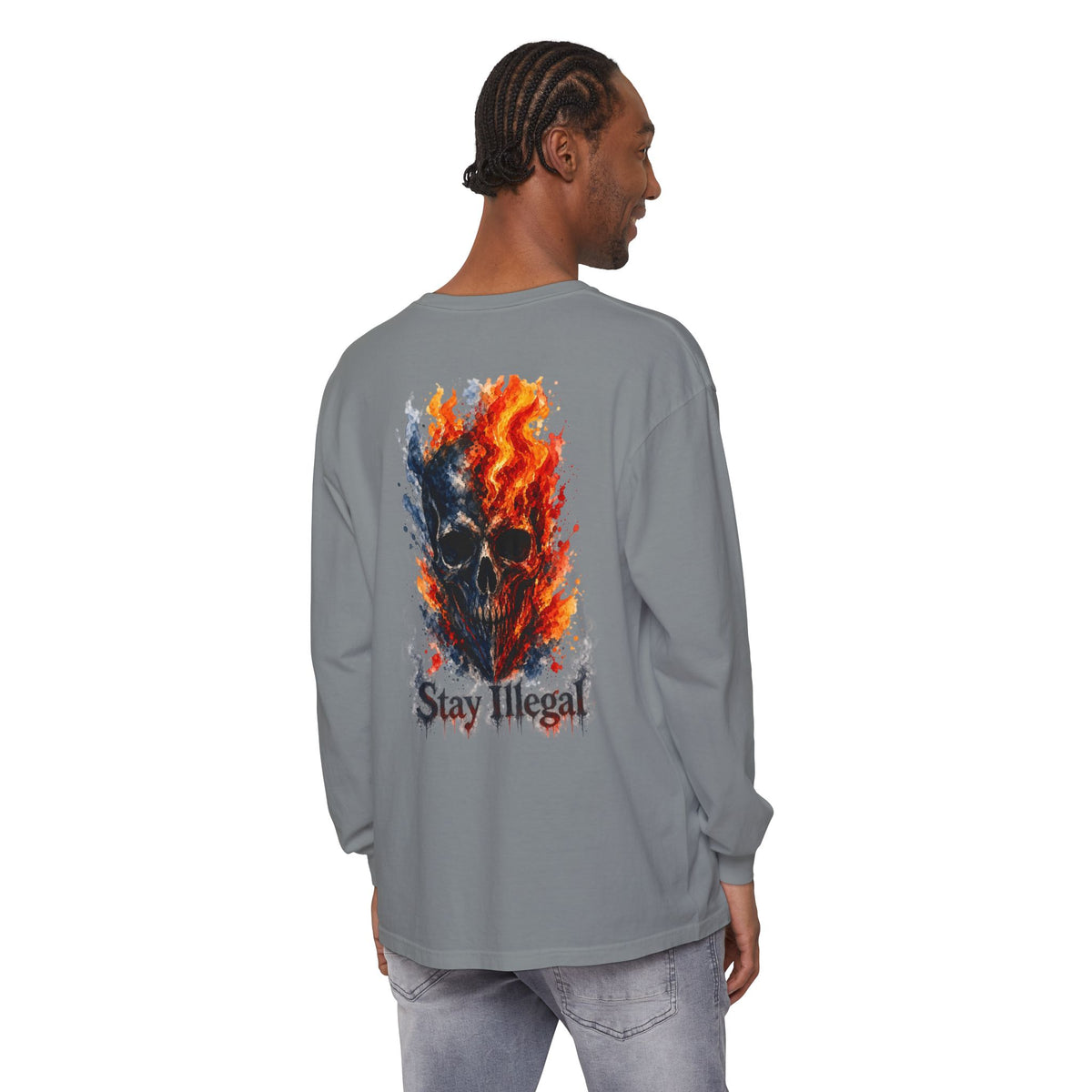 Back Print Long Sleeve T‑Shirt — Stay Illegal Skull/F