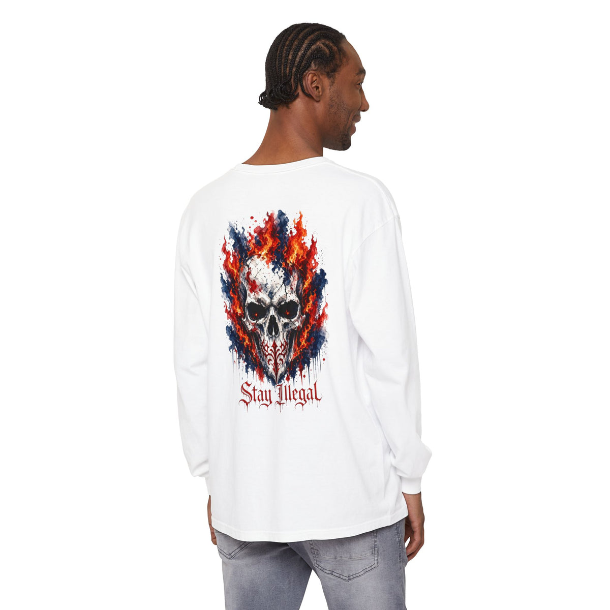 Back Print Long Sleeve T‑Shirt — Stay Illegal Skull/A