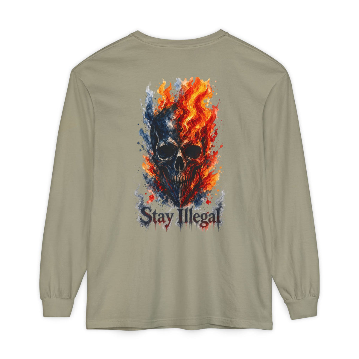 Back Print Long Sleeve T‑Shirt — Stay Illegal Skull/F