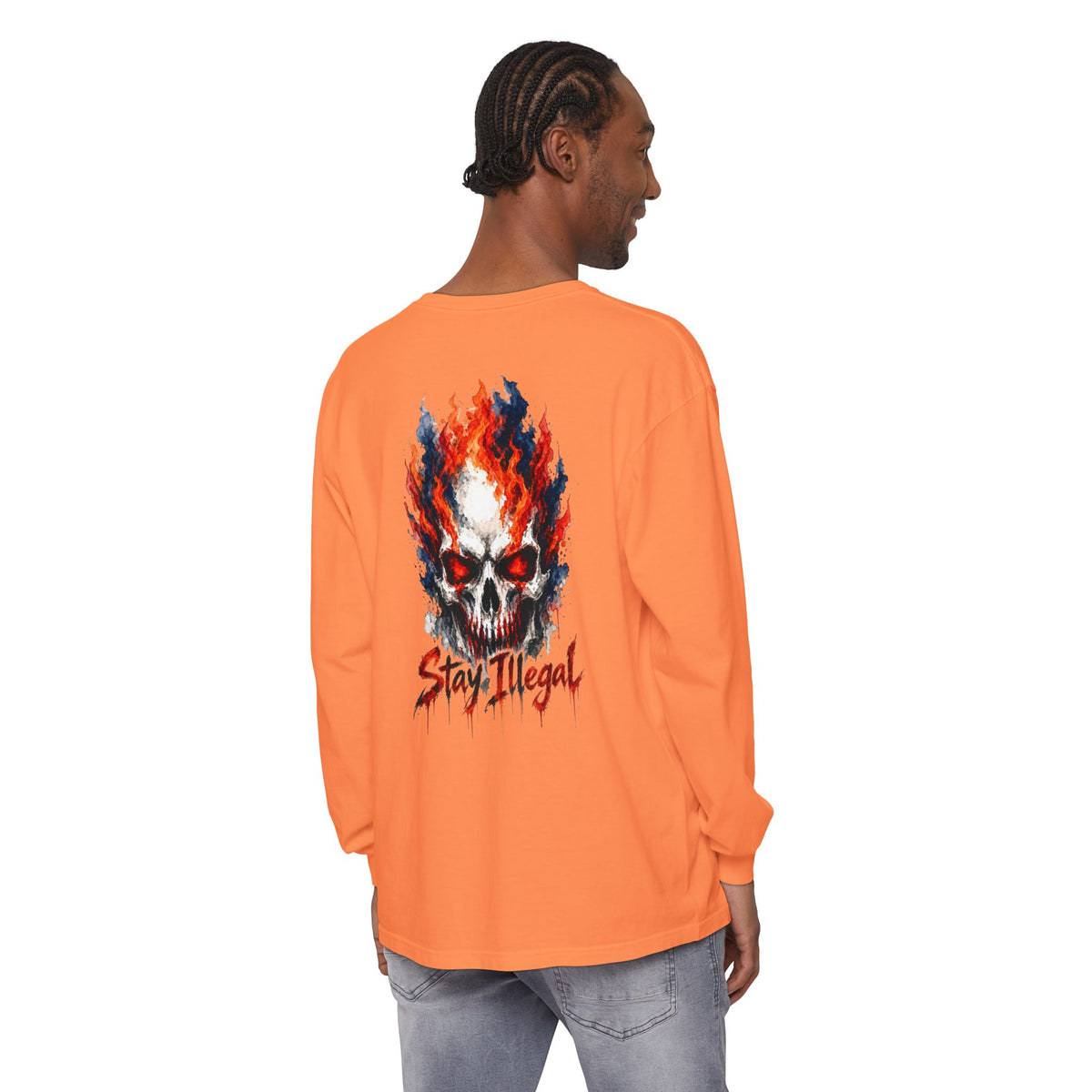 Back Print Long Sleeve T‑Shirt — Stay Illegal Skull/D