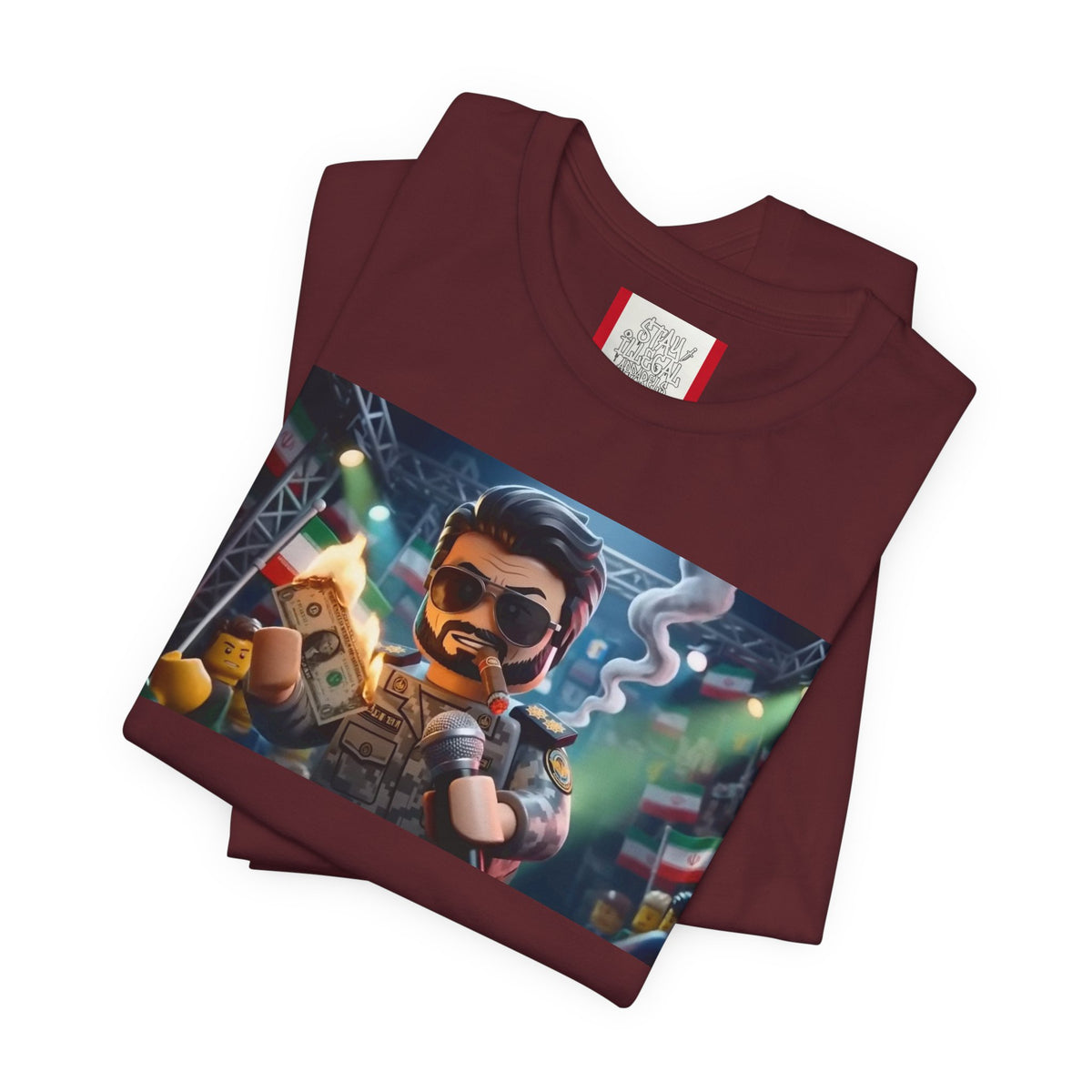 Propaganda T‑Shirt — IRAN LEGOS — IRGC Burn The Dollars