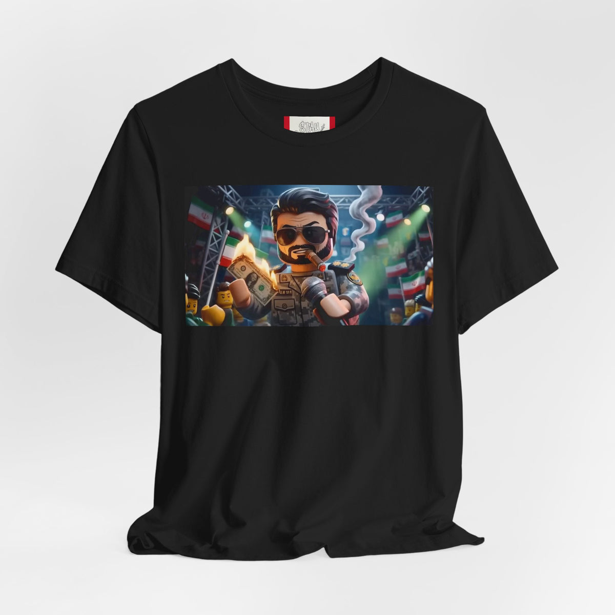 Propaganda T‑Shirt — IRAN LEGOS — IRGC Burn The Dollars