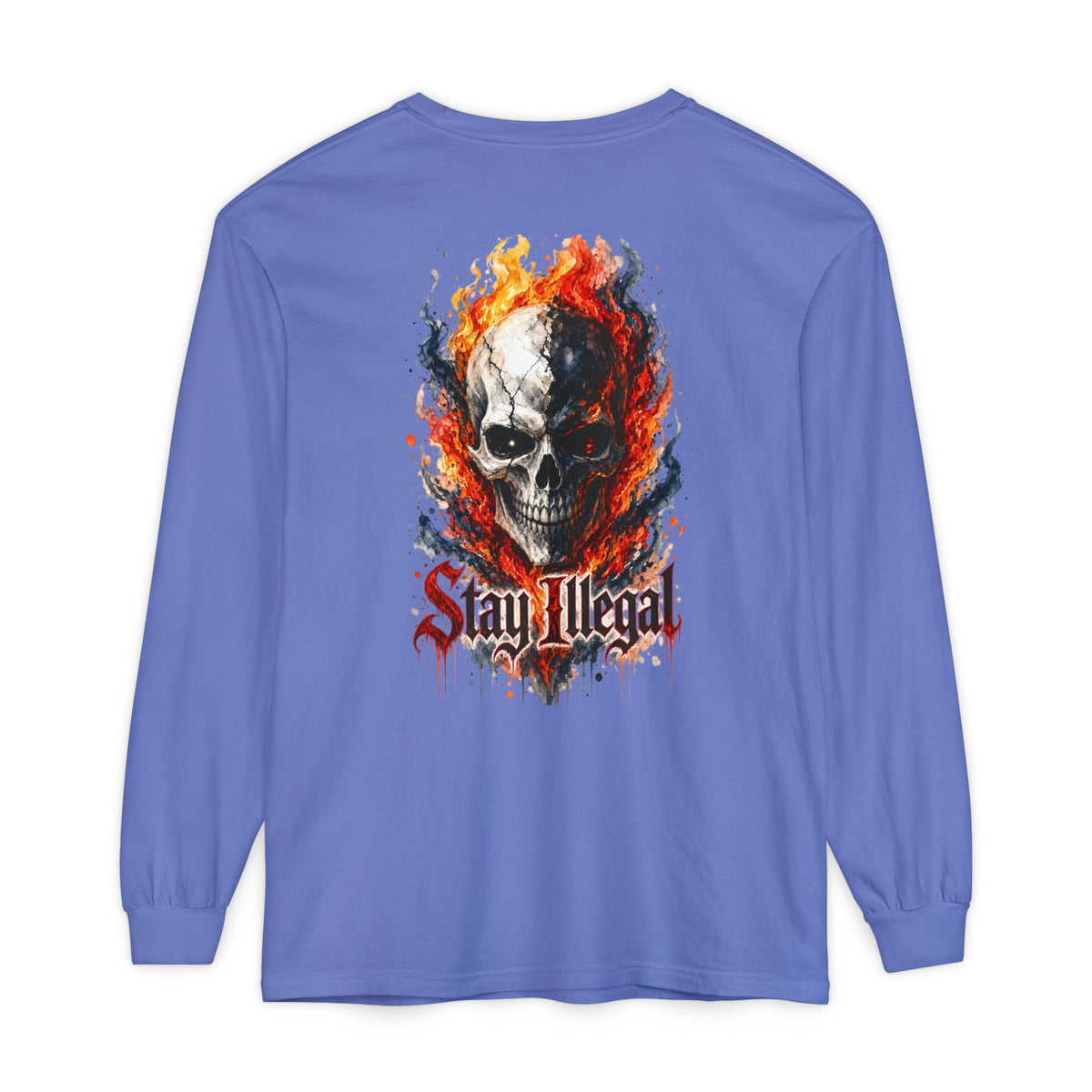 Back Print Long Sleeve T‑Shirt — Stay Illegal Skull/B