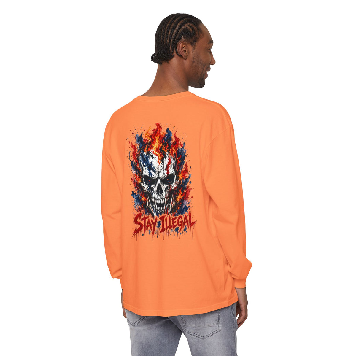Back Print Long Sleeve T‑Shirt — Stay Illegal Skull/C