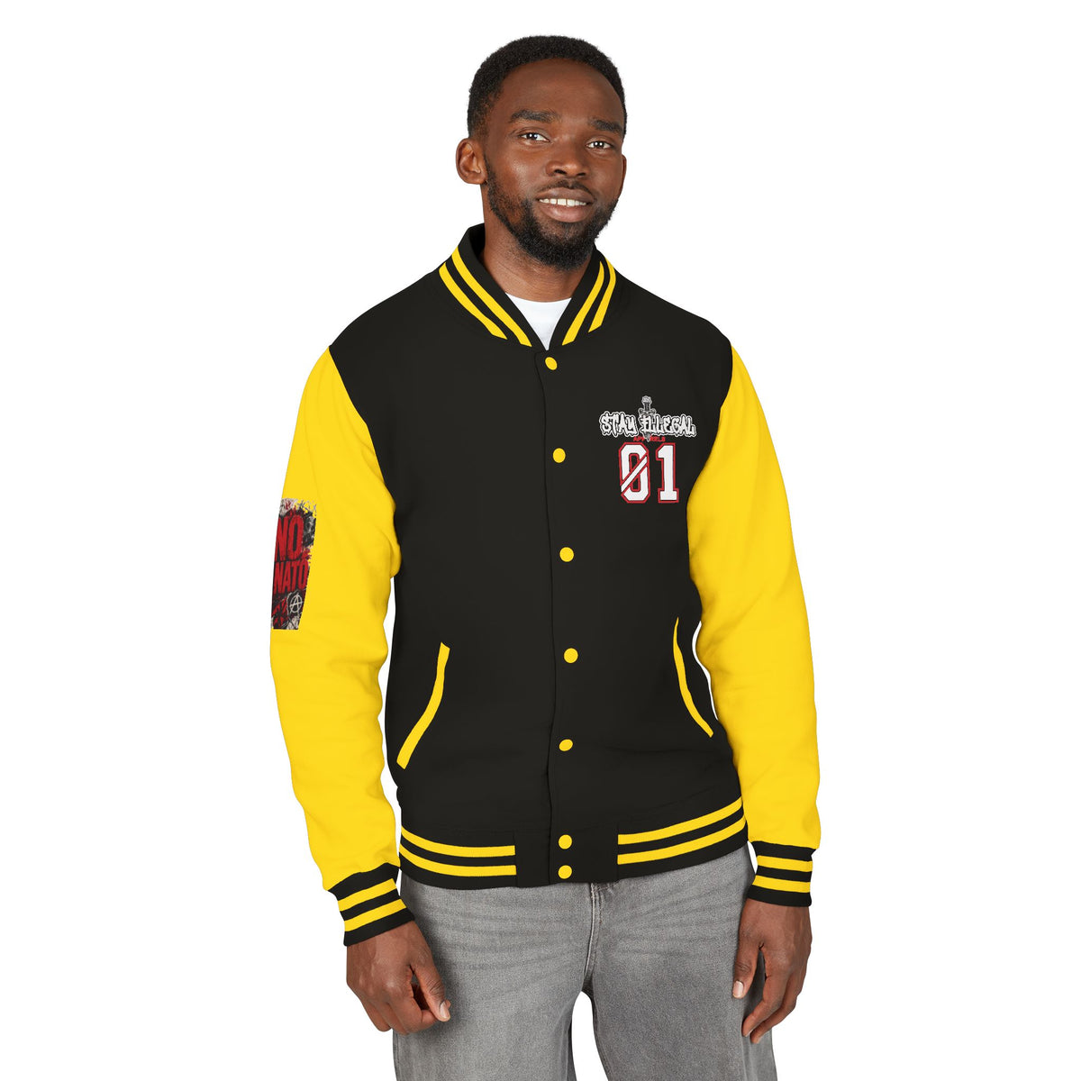 Stay Illegal Varsity Bomber Jacket - Calm Like a Bomb 01 (No To NATO Graphic)