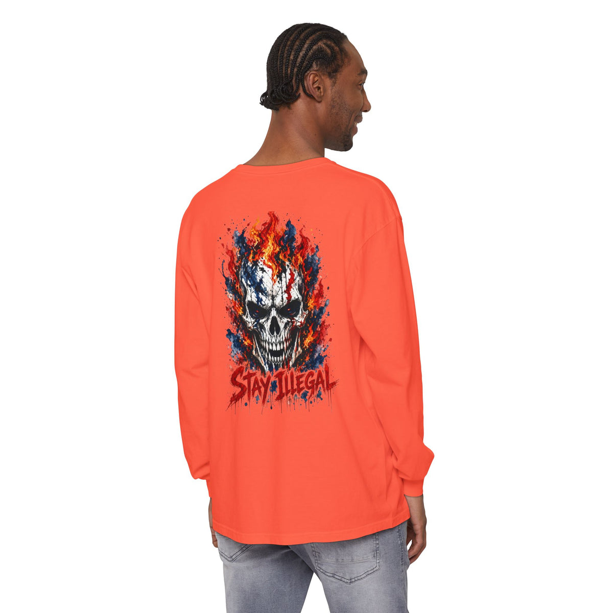 Back Print Long Sleeve T‑Shirt — Stay Illegal Skull/C