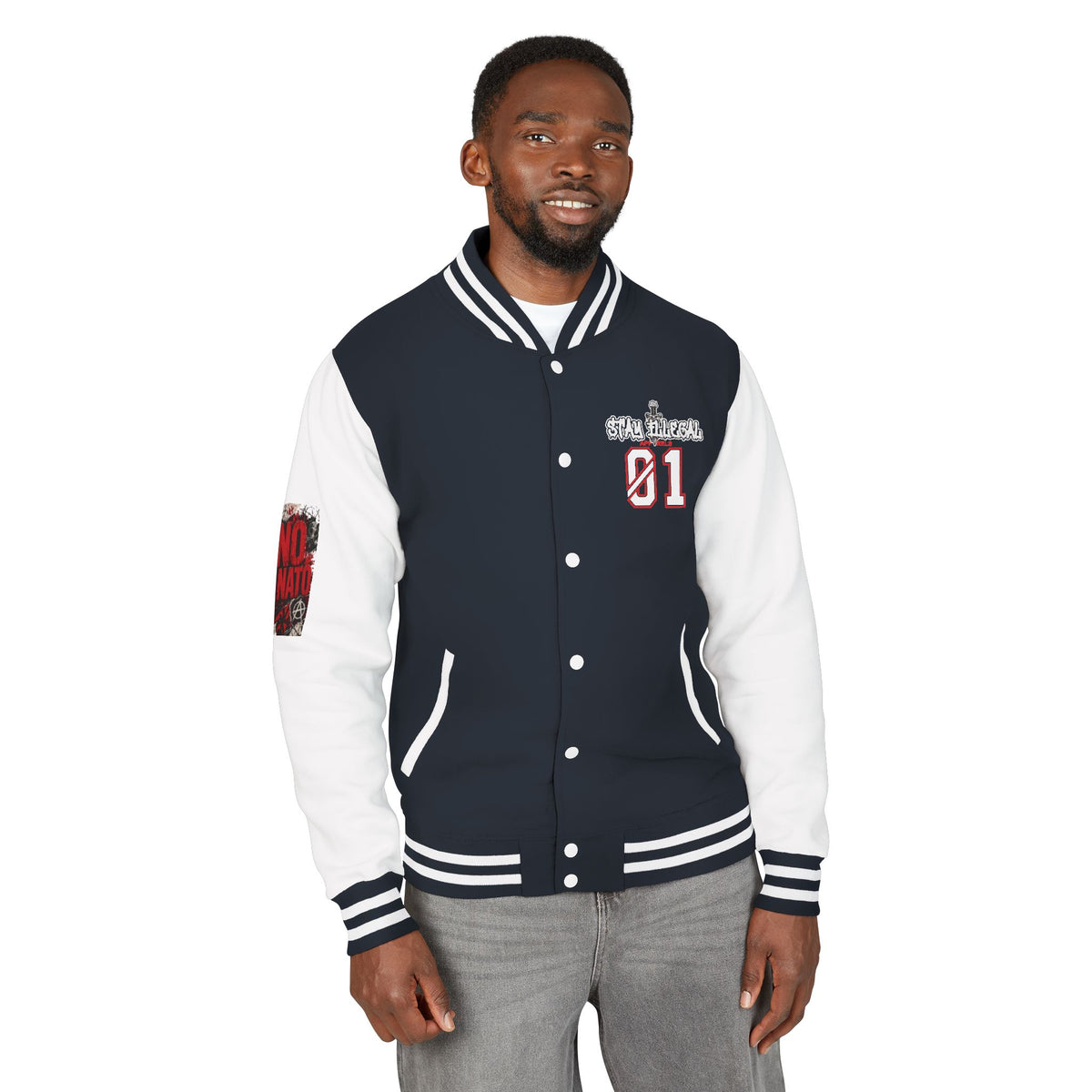 Stay Illegal Varsity Bomber Jacket - Calm Like a Bomb 01 (No To NATO Graphic)