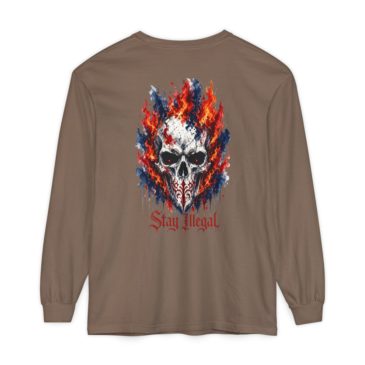 Back Print Long Sleeve T‑Shirt — Stay Illegal Skull/A