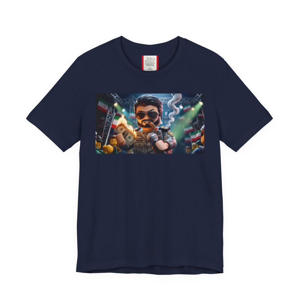 Propaganda T‑Shirt — IRAN LEGOS — IRGC Burn The Dollars