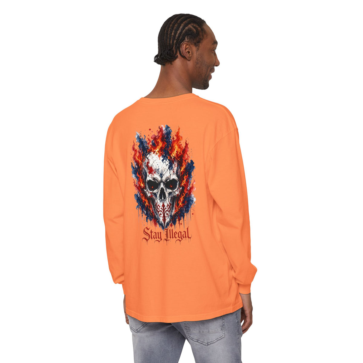 Back Print Long Sleeve T‑Shirt — Stay Illegal Skull/A
