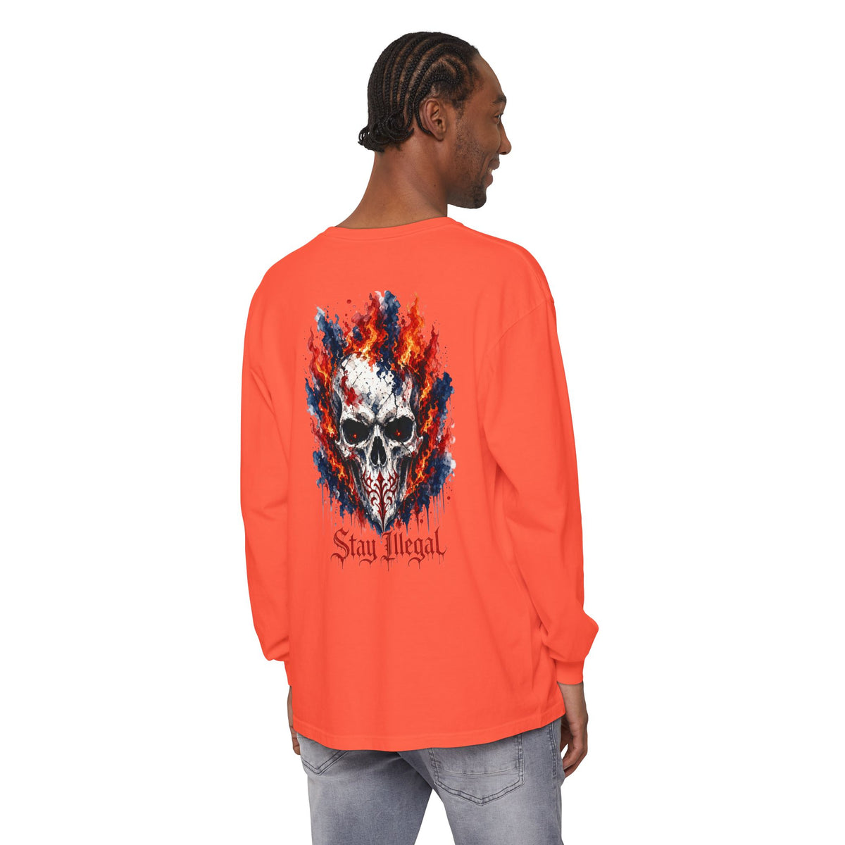 Back Print Long Sleeve T‑Shirt — Stay Illegal Skull/A
