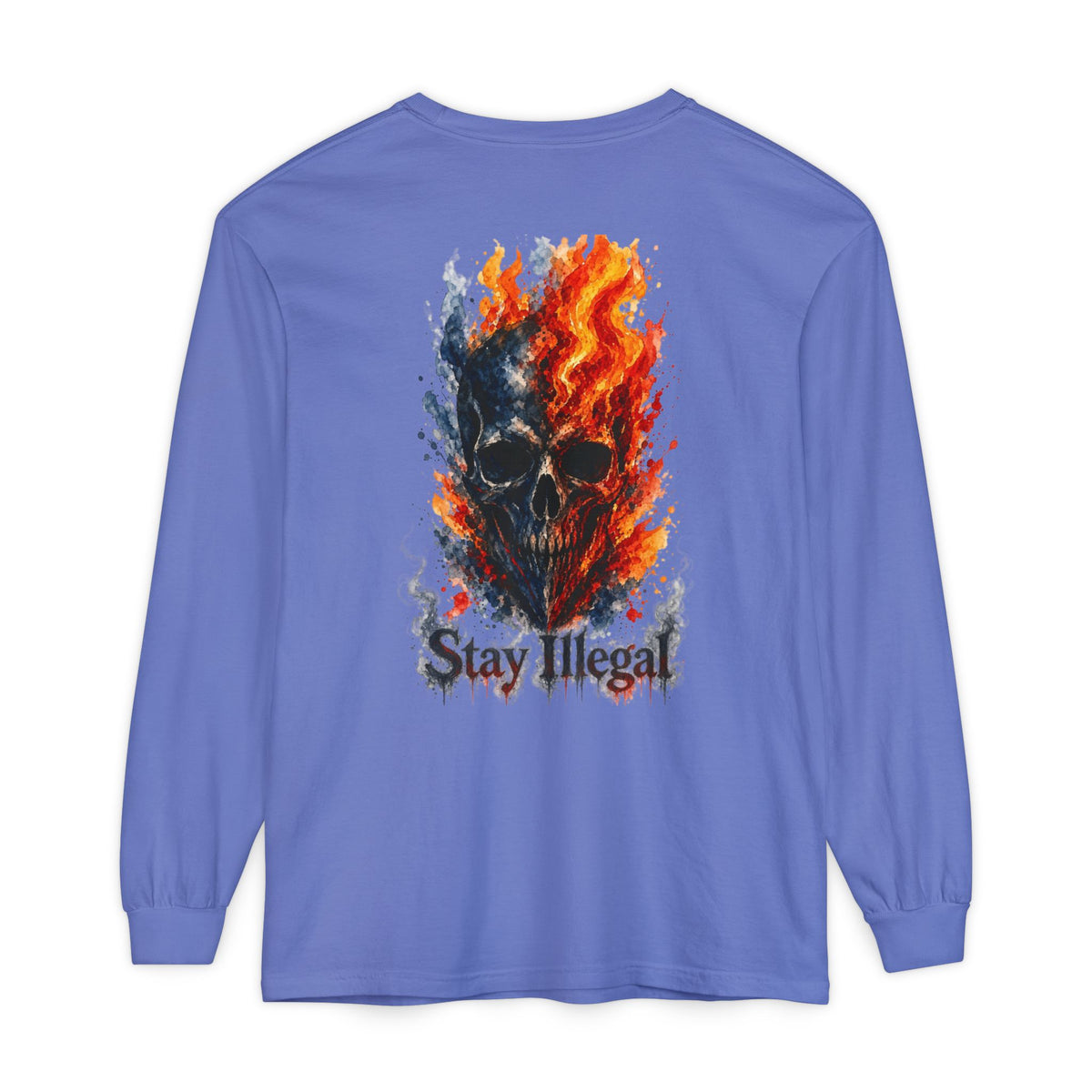 Back Print Long Sleeve T‑Shirt — Stay Illegal Skull/F
