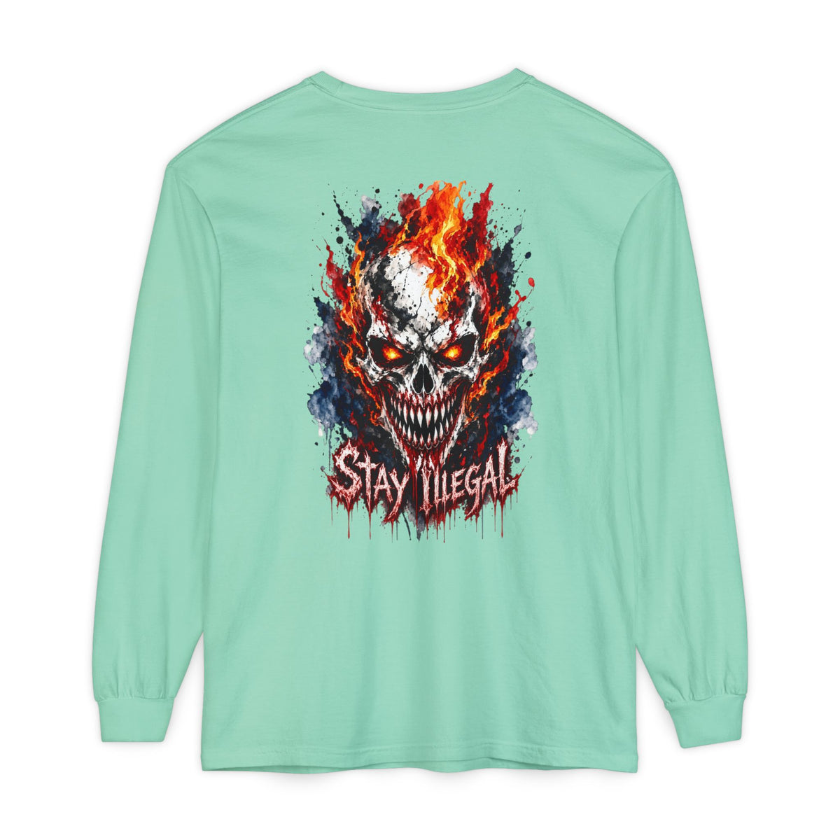 Back Print Long Sleeve T‑Shirt — Stay Illegal Skull/E