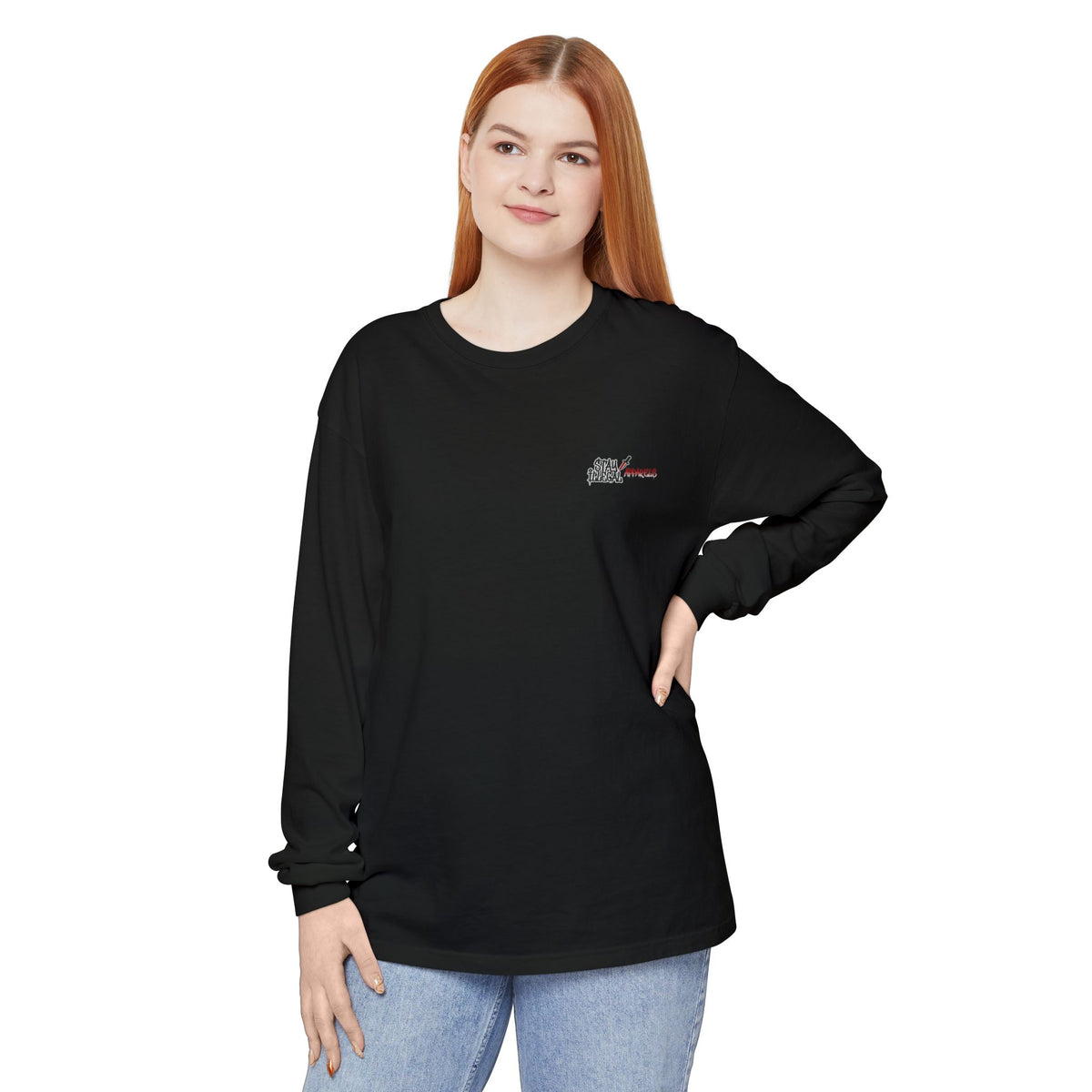 Back Print Long Sleeve T‑Shirt — Stay Illegal Skull/A