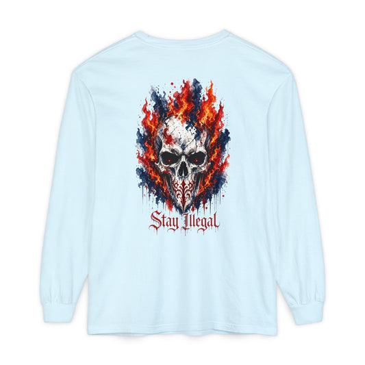 Back Print Long Sleeve T‑Shirt — Stay Illegal Skull/A