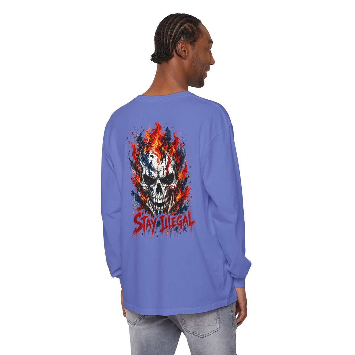 Back Print Long Sleeve T‑Shirt — Stay Illegal Skull/C