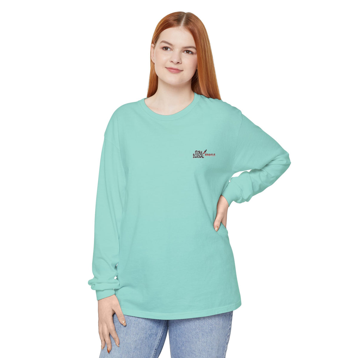 Back Print Long Sleeve T‑Shirt — Stay Illegal Skull/E