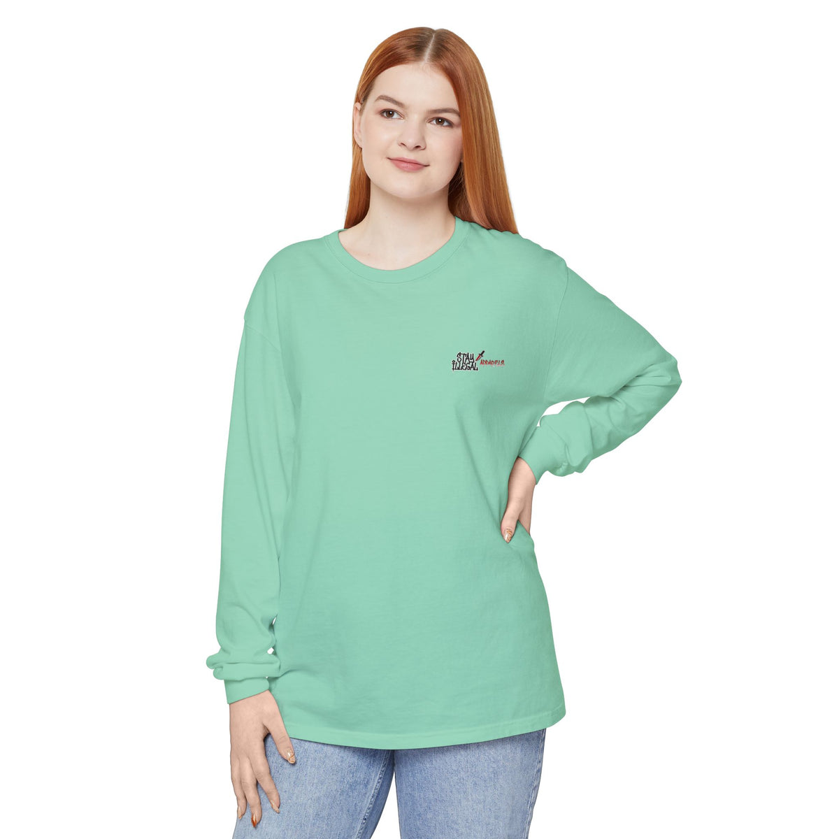 Back Print Long Sleeve T‑Shirt — Stay Illegal Skull/C