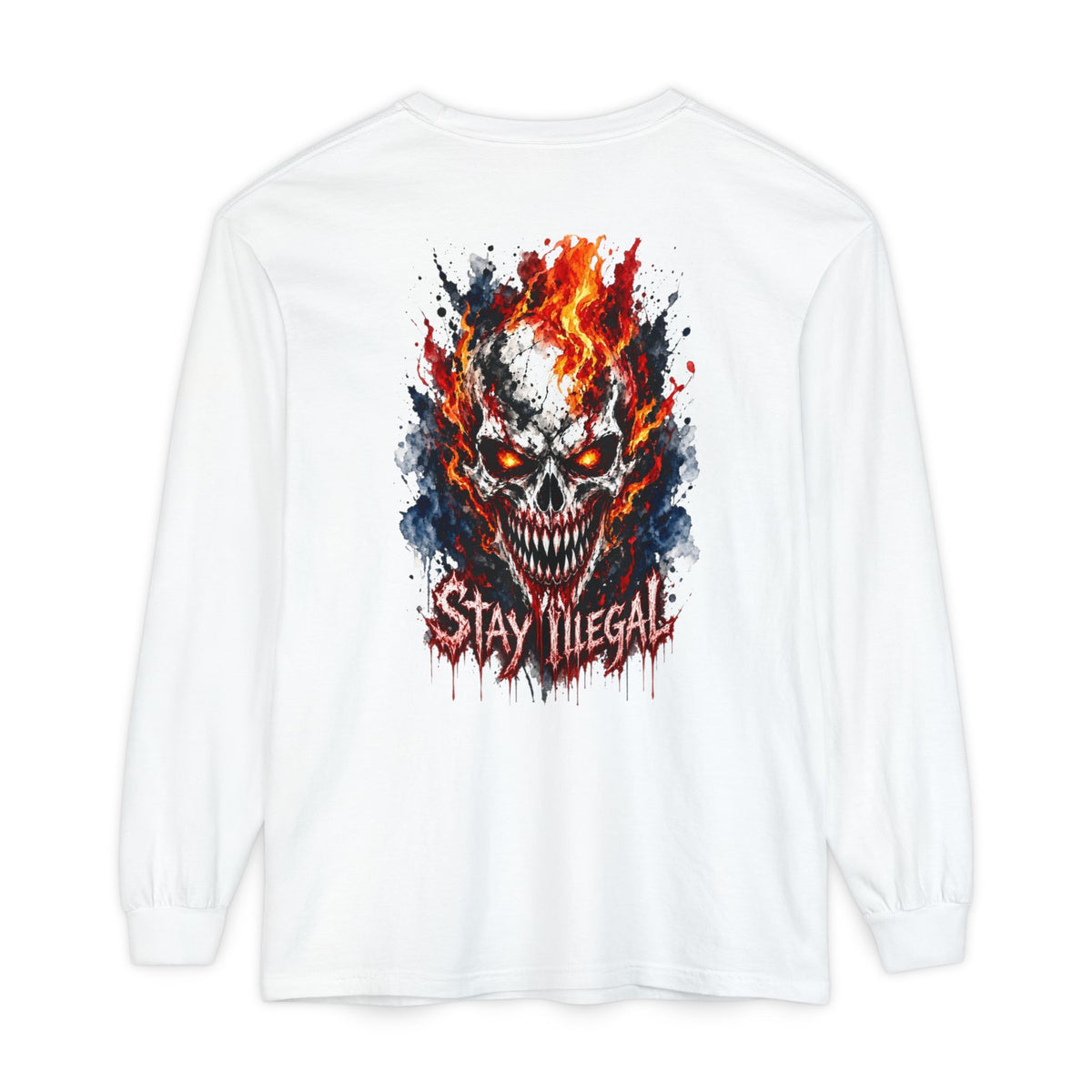 Back Print Long Sleeve T‑Shirt — Stay Illegal Skull/E