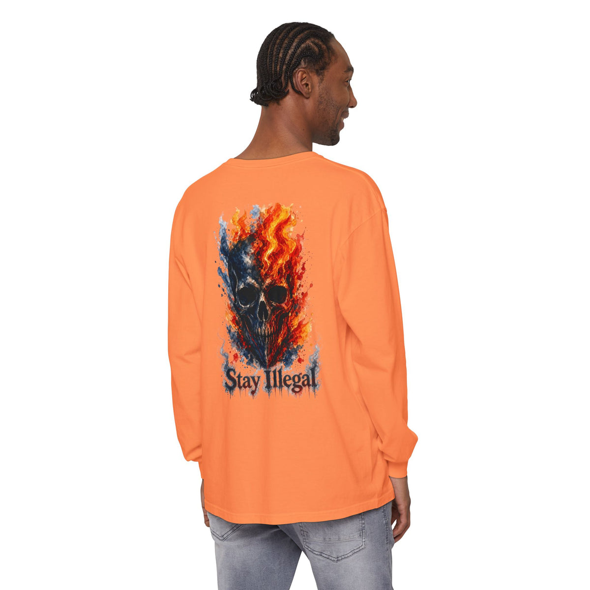 Back Print Long Sleeve T‑Shirt — Stay Illegal Skull/F